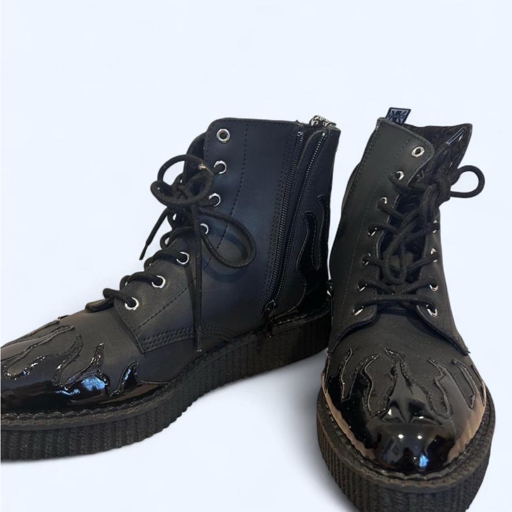 T.U.K Black Lace-Up Platform Combat Boots with Glossy Flame Toe Accents
